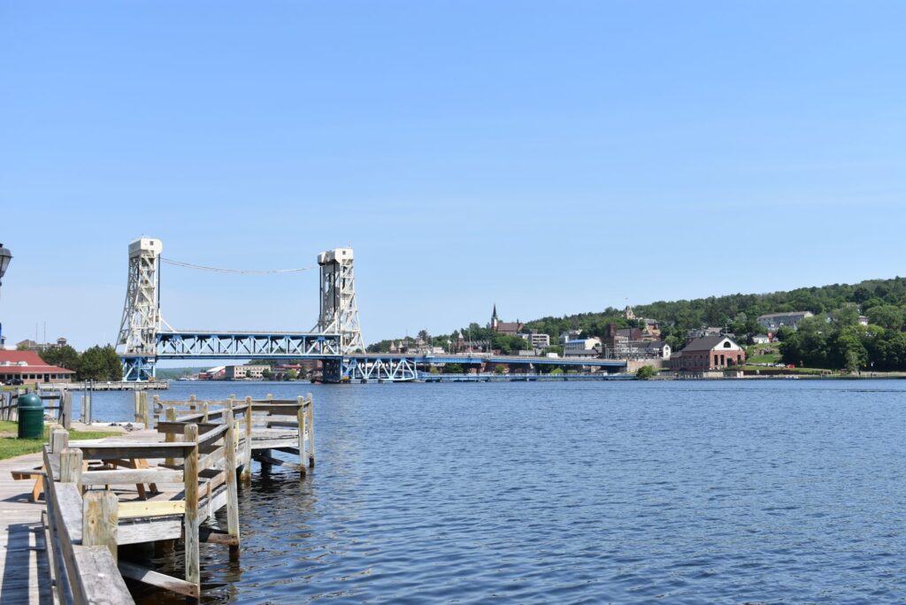 Portage Lake Lift Bridge over the canal between Hancock and Houghton, seen from the waterfront