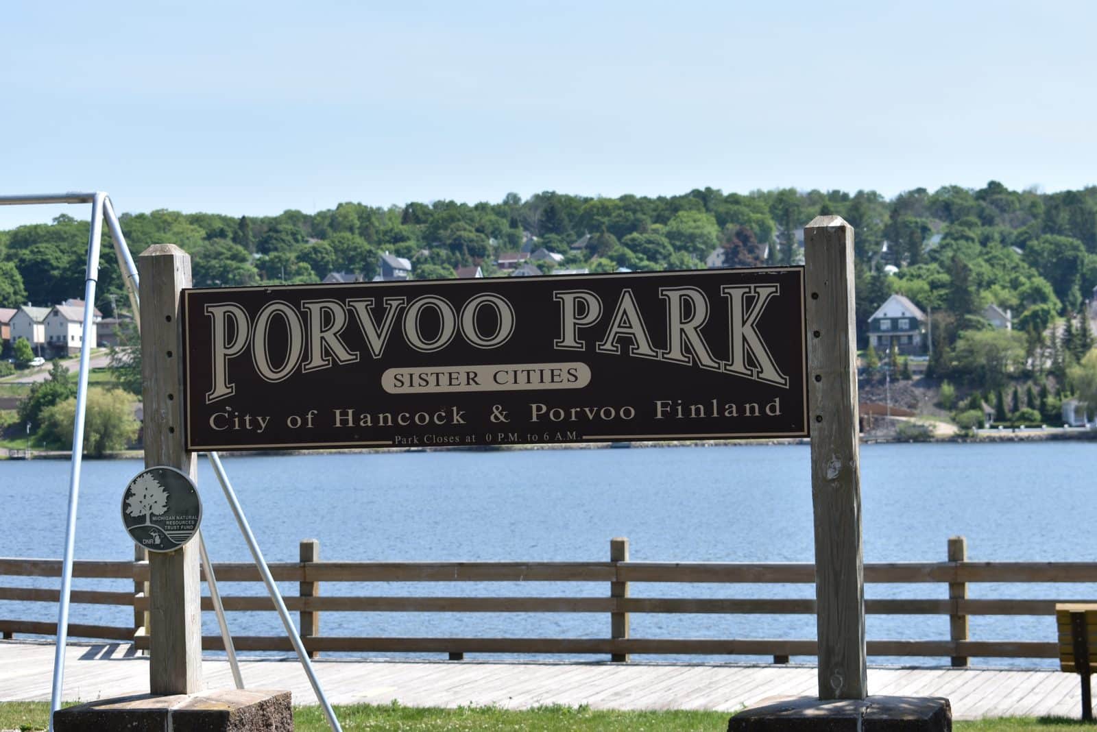 Porvoo Park sister-cities sign, Hancock MI | State Wide Real Estate of Houghton Porvoo Park sister-cities sign on the Hancock waterfront honoring Porvoo, Finland