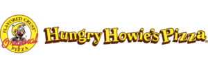 Logo for Hungry Howies Pizza. The left features a yellow circle with a cartoon smiling face and text “FLAVORED CRUST ORIGINAL PIZZA.” To the right, “Hungry Howie’s Pizza” appears in bold yellow letters.