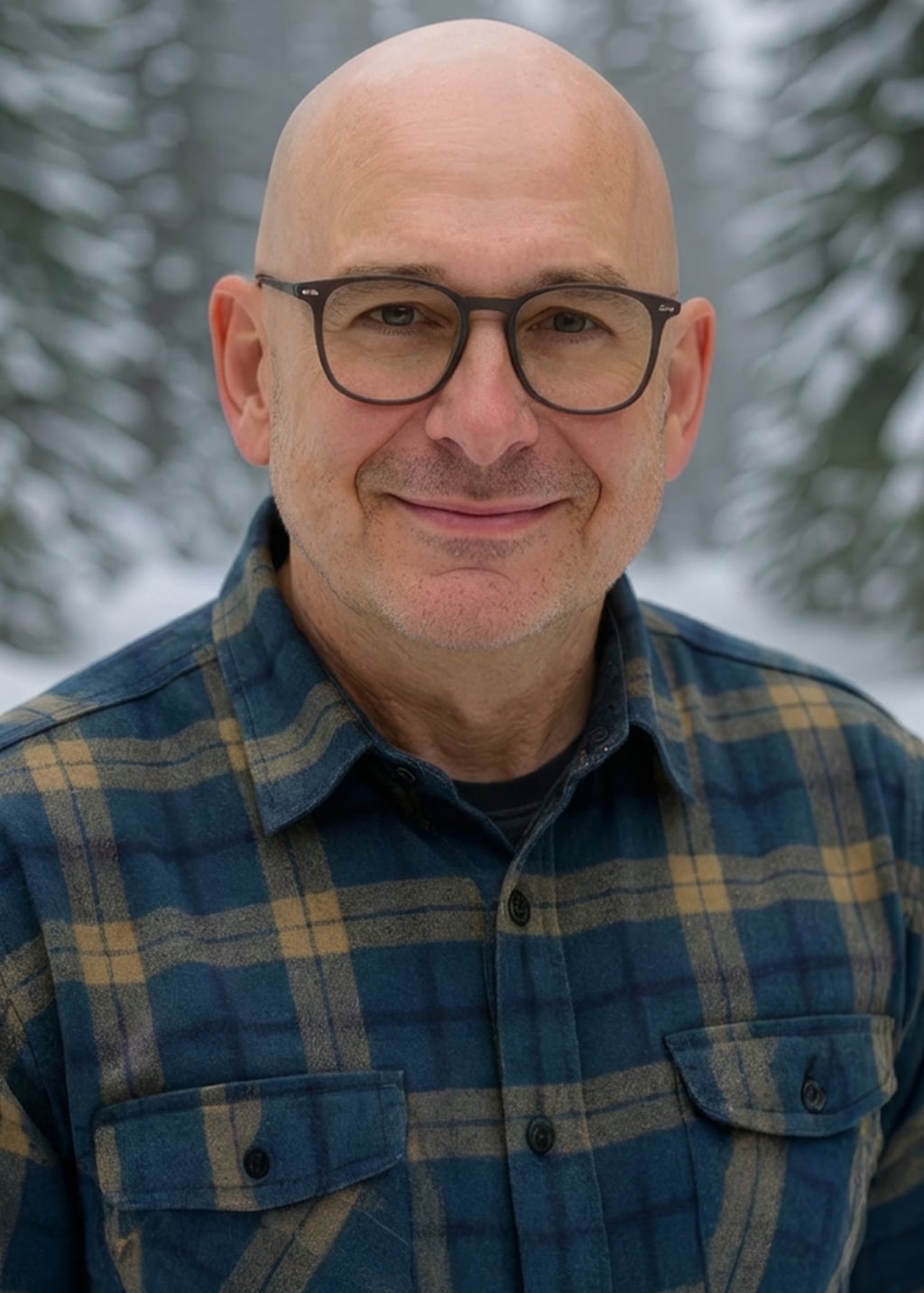A smiling bald man wearing glasses and a blue plaid shirt stands outdoors in a snowy forest with evergreen trees in the background.
