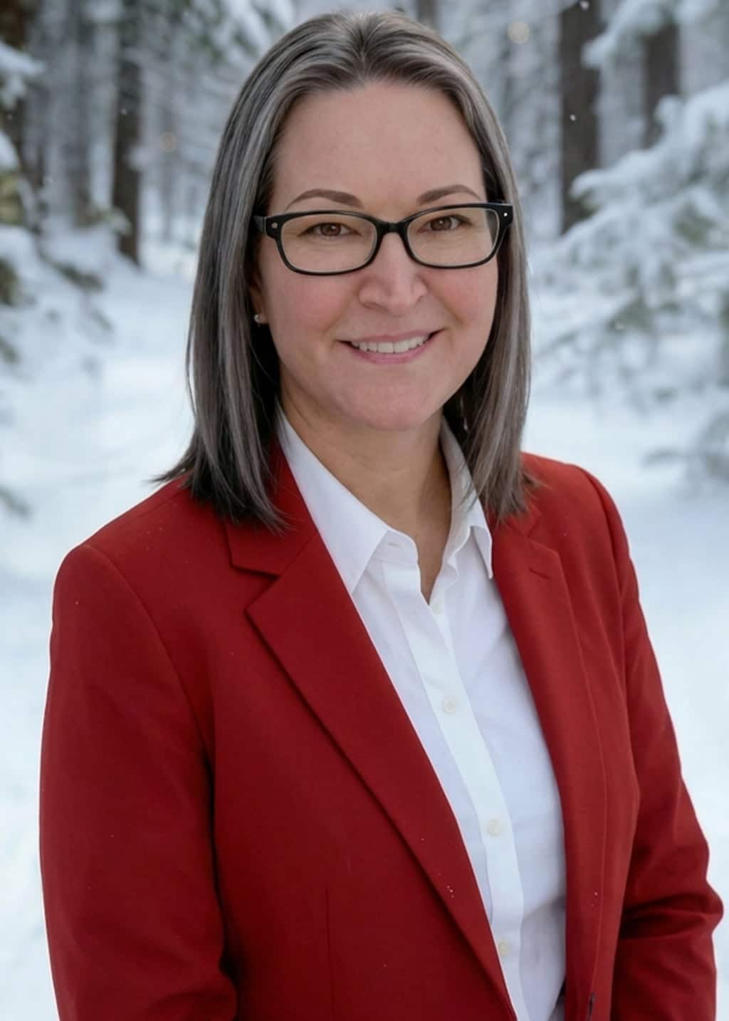 A woman with straight, shoulder-length gray hair and glasses, wearing a red blazer over a white shirt, stands smiling outdoors in a snowy forest setting.