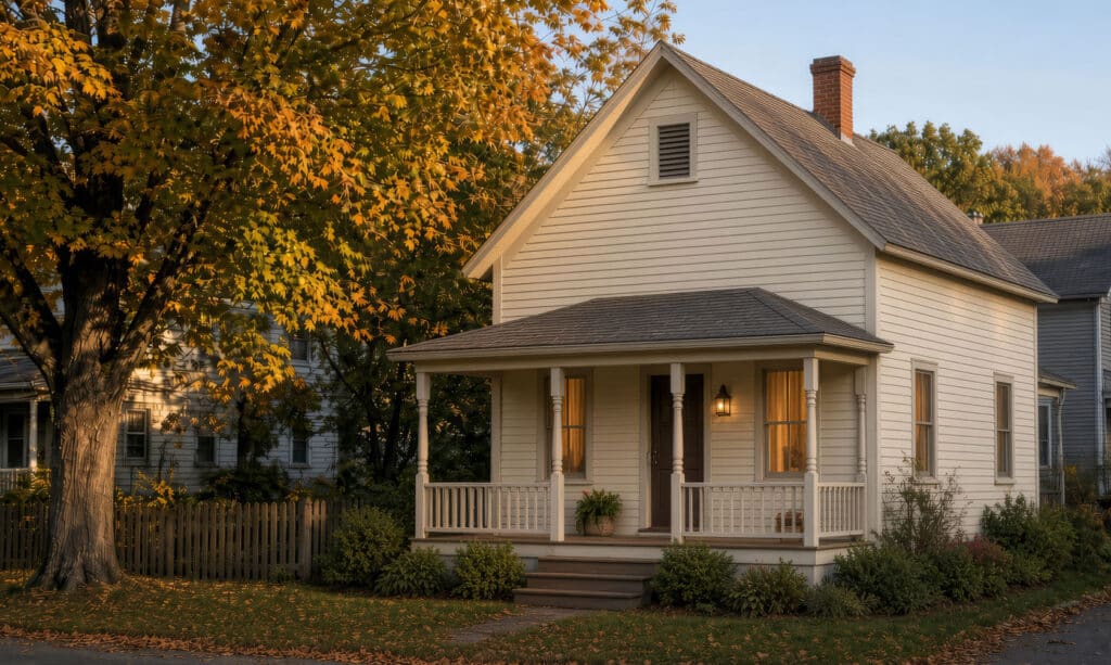 A cozy white house with a front porch sits beneath a large tree with yellow autumn leaves. The yard is landscaped with bushes, and warm sunlight shines on the scene.
