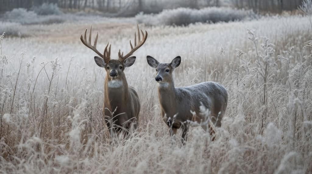 Hunting-in-the-Winter | State Wide Real Estate of Houghton A male deer with large antlers and a female deer stand together in a frosty meadow, surrounded by tall grasses coated in a layer of white frost on a cold, early morning.