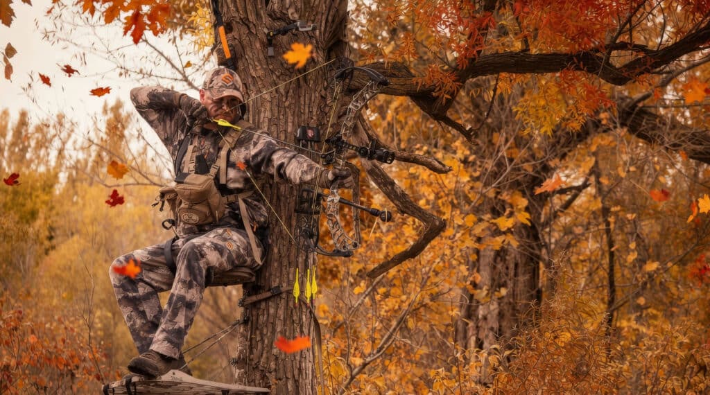 Michigan-Bow-Hunting | State Wide Real Estate of Houghton A camouflaged bowhunter sits on a tree stand, aiming a compound bow amid autumn foliage, surrounded by orange and yellow leaves.