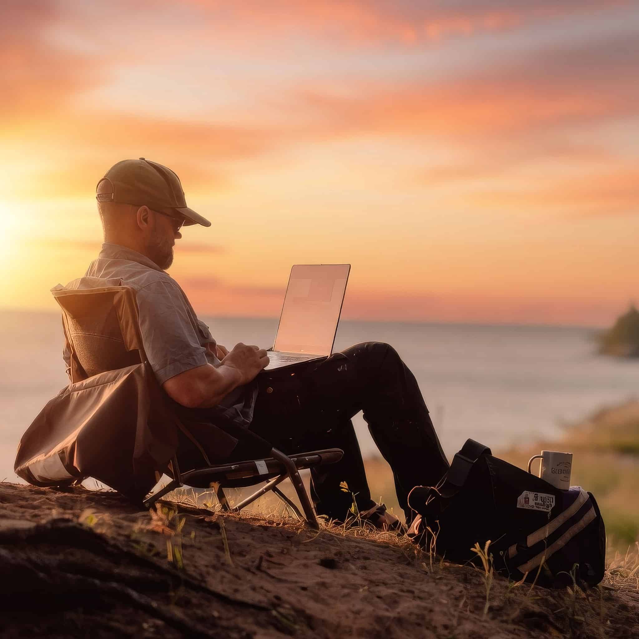A MTU Student sits in a camping chair on a grassy hill near water, working on a laptop at sunset. He wears a cap and casual clothes, with a backpack and a mug beside him. The sky glows with warm orange and pink hues.