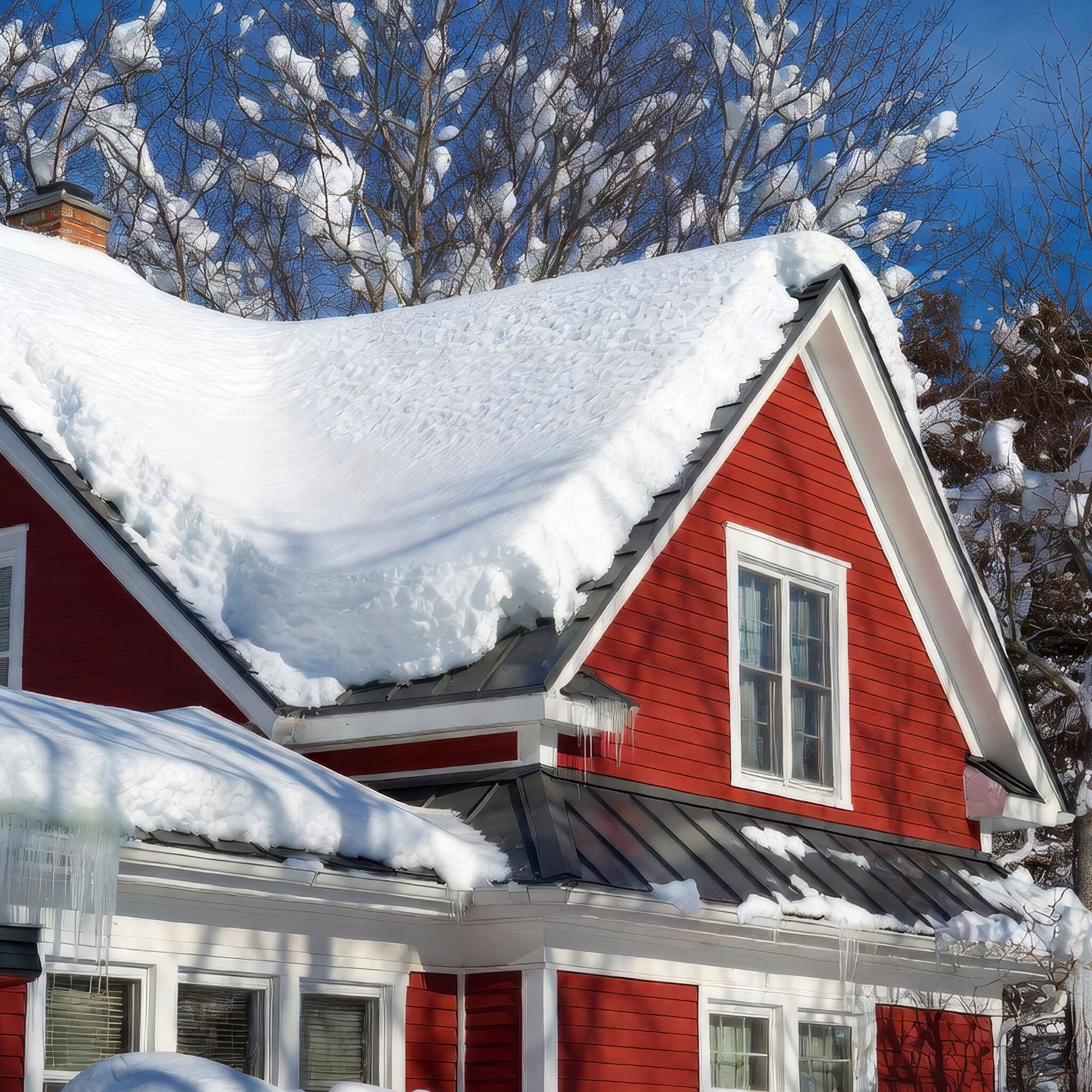 A red house with white trim is covered in a thick layer of snow. Icicles hang from the roof, and leafless trees dusted with snow surround the house under a clear blue Upper Peninsula Michigan sky.