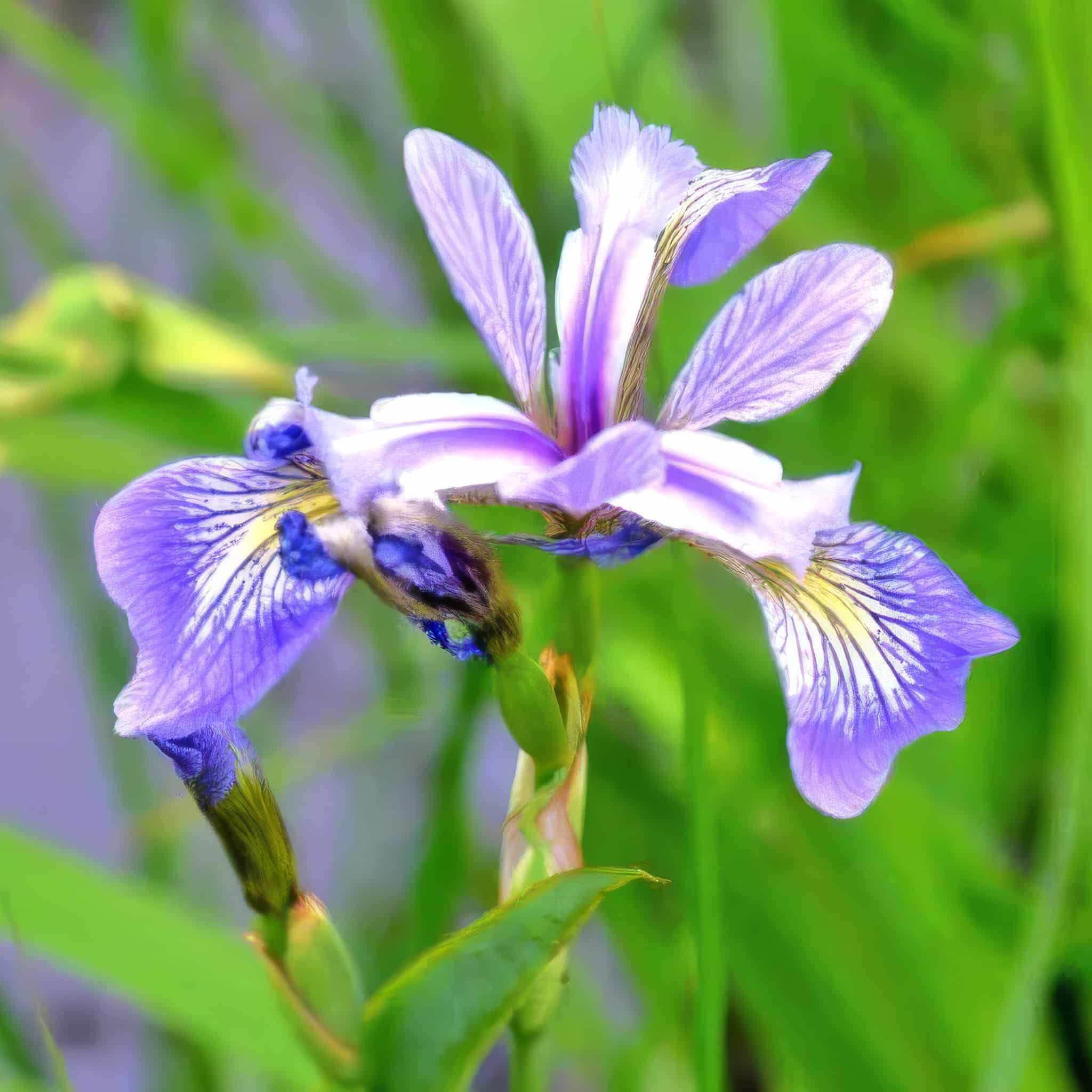 A close-up of a purple iris flower with delicate white and yellow markings on its petals, set against a blurred green background of grass and foliage.