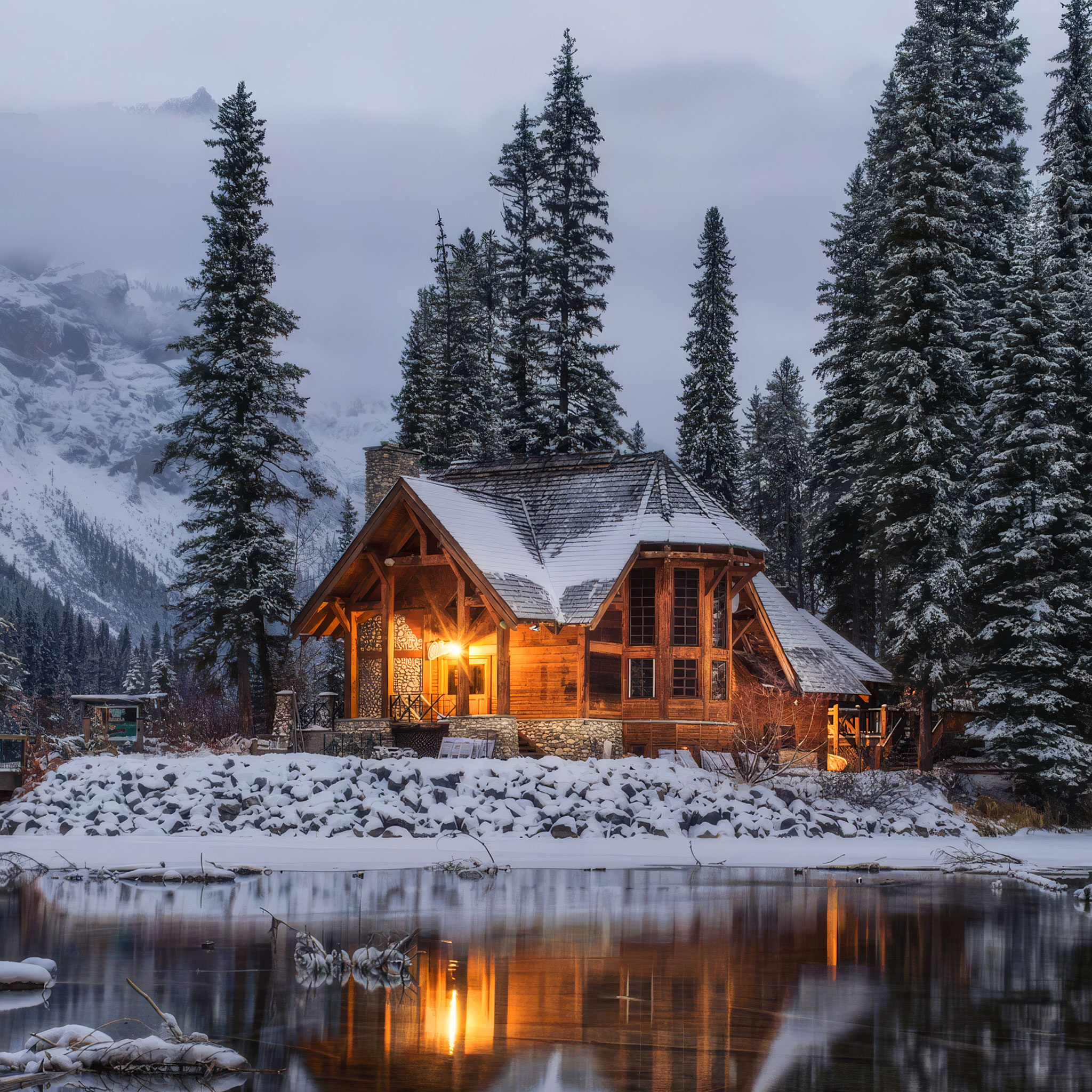 A cozy wooden cabin with glowing lights sits by a snow-covered lake, surrounded by tall pine trees and mountains in the background under a cloudy winter sky.